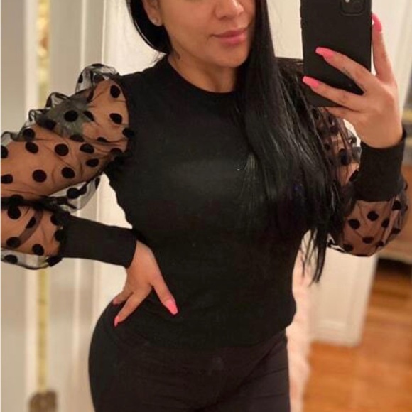 Black sheer puff long sleeve polka dot blouse - Picture 3 of 8